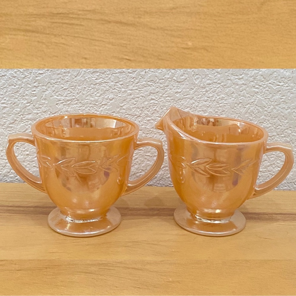 Vintage 1950’s Fire King Peach Lusterware Laurel Wreath Sugar & Creamer Set